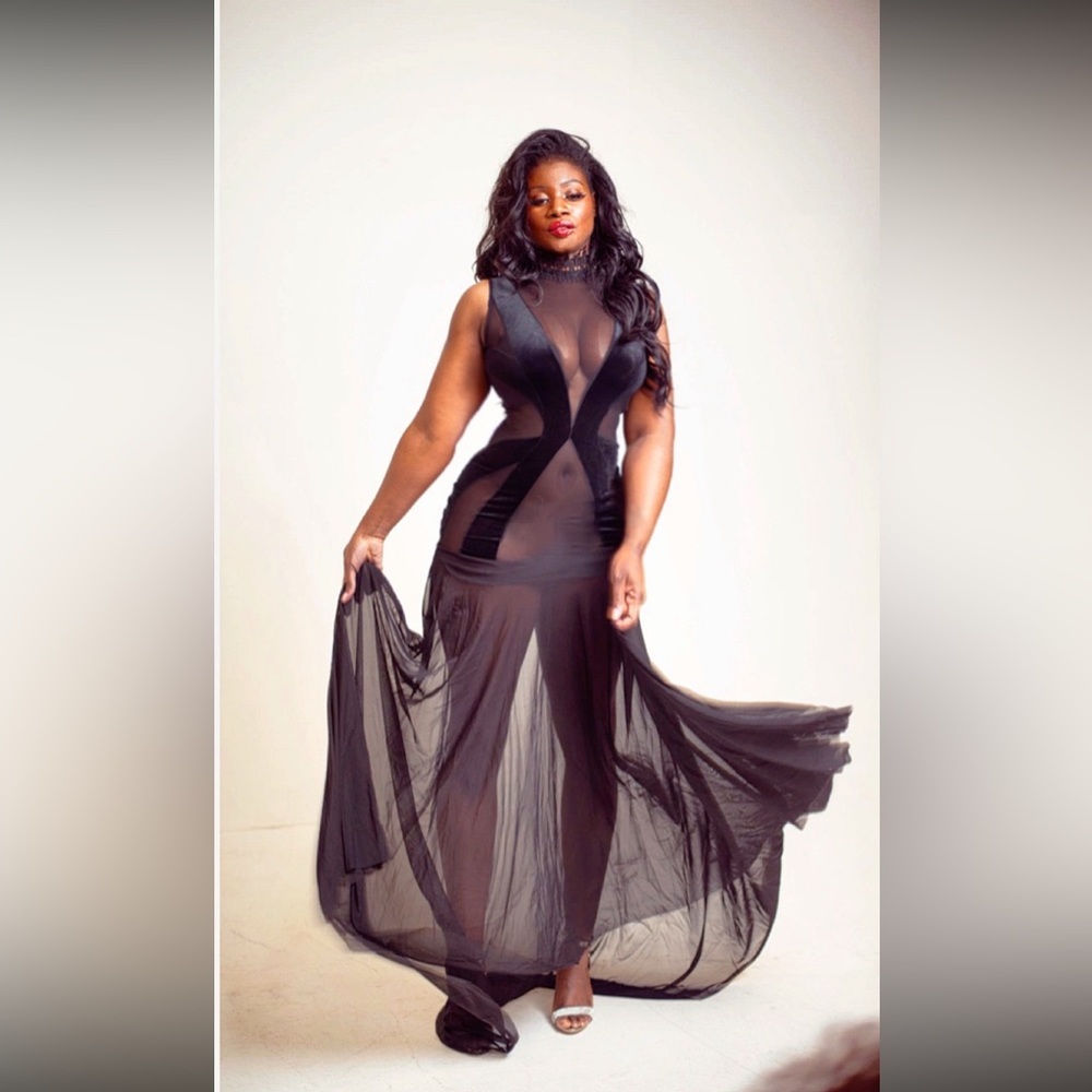 Mesh Sheer Evening Gown With Black Velvet Panels
